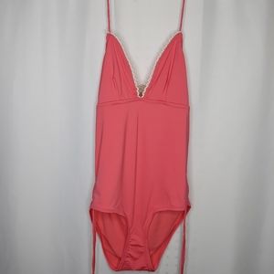 Juicy Couture Y2K Swimsuit One Piece Large Pink Lace Ruched Tassel Tie Vintage